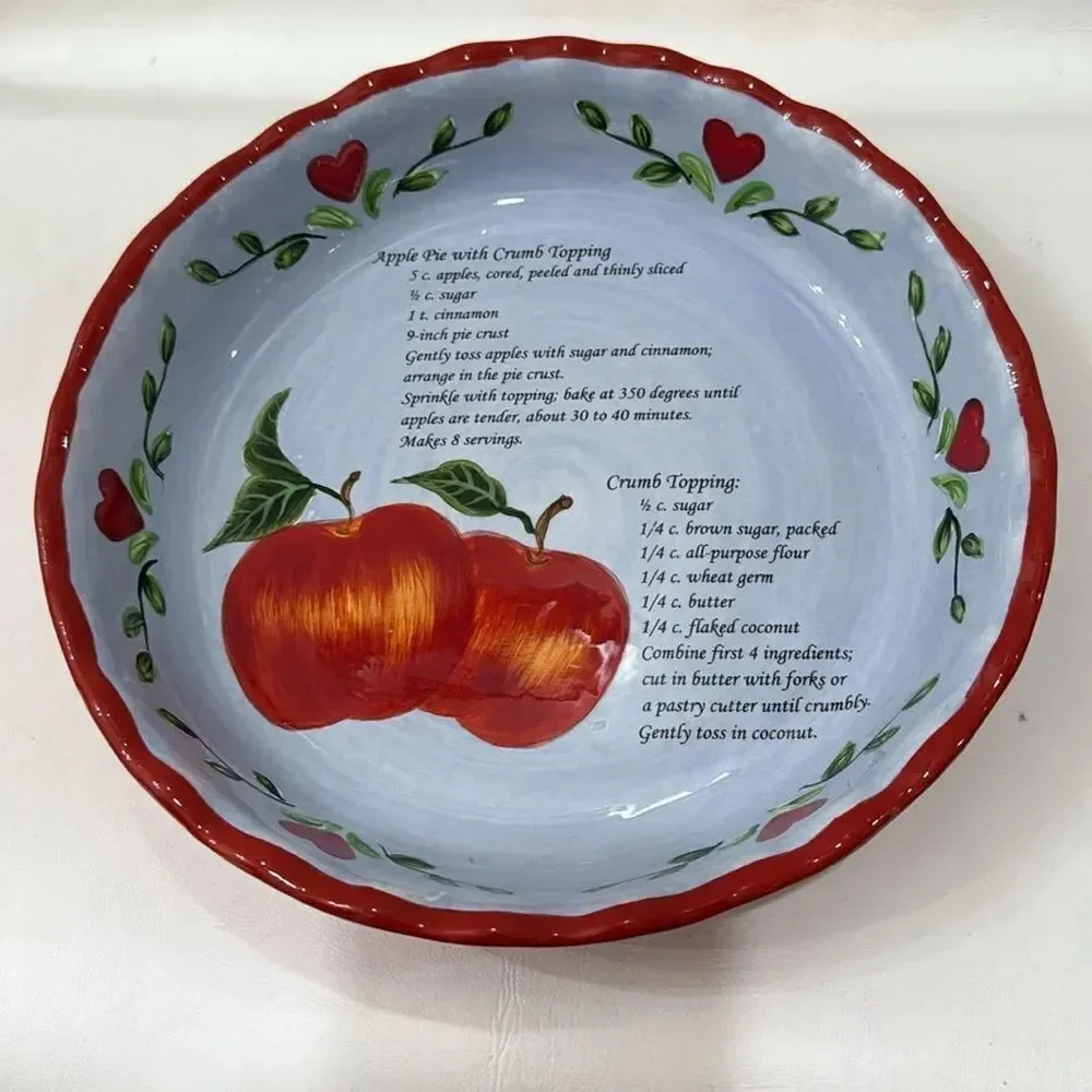 Pie Dish Red Blue Ceramic Baking Serving Cookware Recipe 9 3/4 X 1 3/4 In Tall